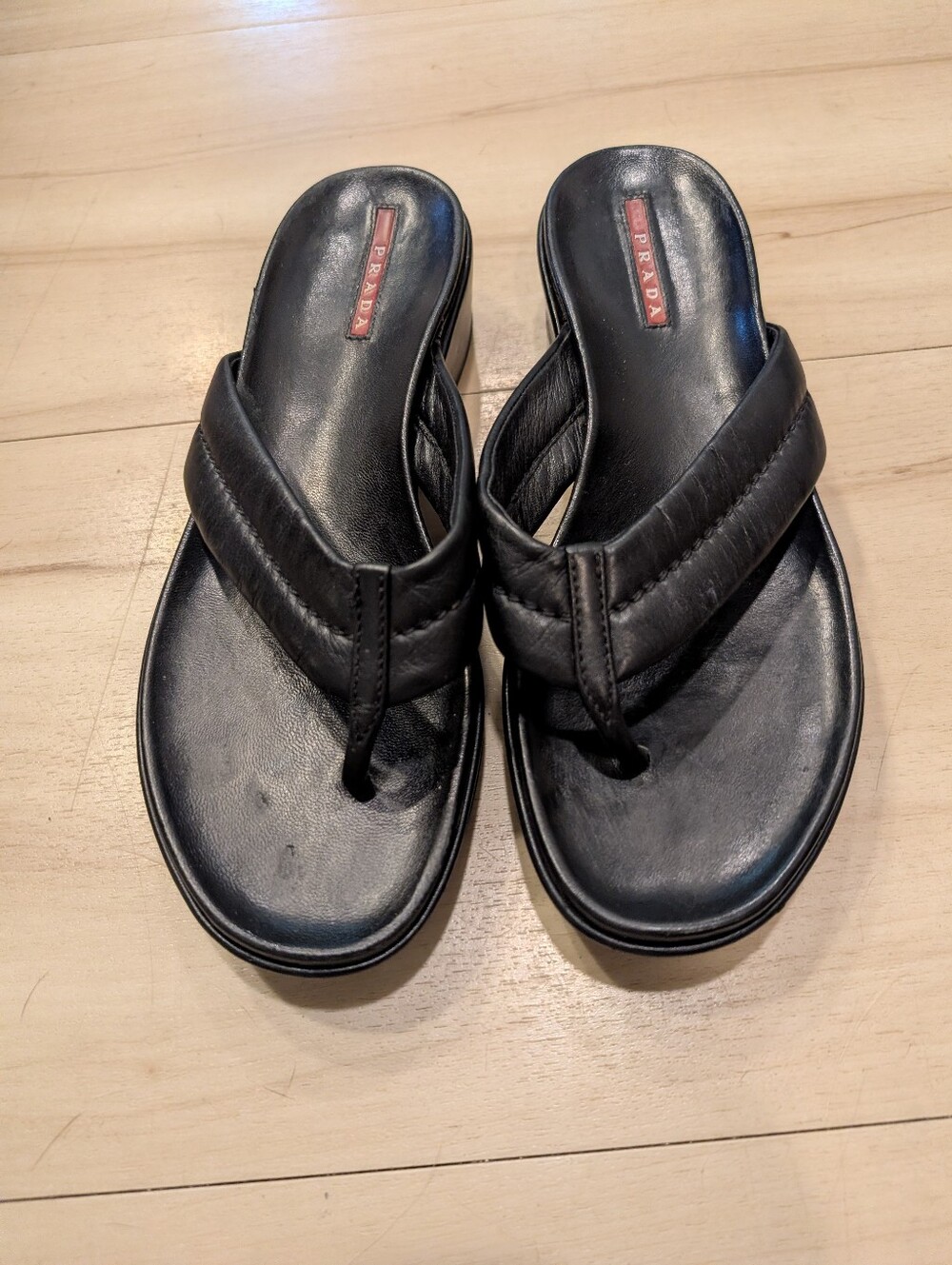 Prada Y2K Vintage Black Leather Thong Wedge Boho Coastal Summer Sandals Size 7 - Picture 9 of 10